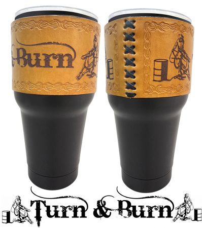 30 oz Insulated Black Tumbler with Removable Argentina Cow Leather 'Turn &amp; Burn' Tooled Sleeve