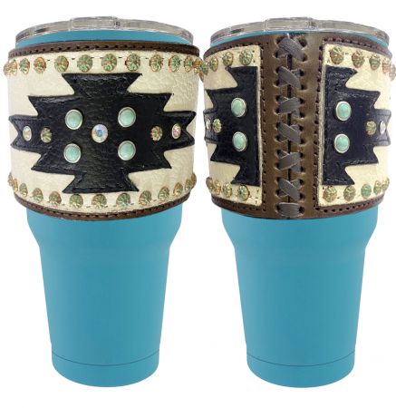 30 oz Insulated Teal Tumbler with Removable Argentina Cow Leather black and white sleeve