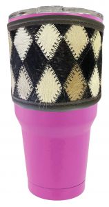 30 oz Insulated Pink Tumbler with Removable Argentina Cow Leather black and white diamond sleeve