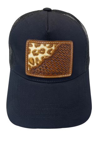Women's Ponytail Adjustable Baseball Cap - Cheetah Hair on Cowhide&#47;Basket Tooled Leather