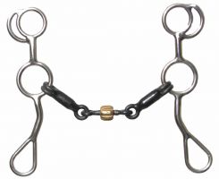 Showman stainless steel training snaffle bit with 5" sweet iron 3 piece snaffle with a center dog bone and copper roller