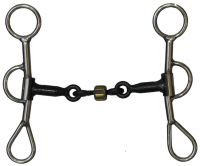 Showman stainless steel Colt snaffle bit with 6" cheeks. 5" sweet iron 3 piece snaffle with a center dog bone and copper roller