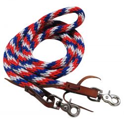 Showman 96" Red, white and blue braided nylon barrel style reins with scissor snap ends