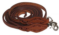 Showman 5/8" x 8ft Argentina cow leather barbed wire tooled split reins with scissor snap ends