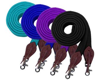 Showman 8' flat cotton roping&#47;barrel reins with scissor snap ends and leather slobber straps