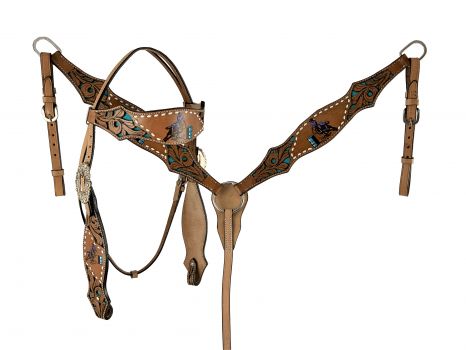 Showman Hand painted barrel racer design headstall and breast collar set with conchos.*REINS NOT INCLUDED*