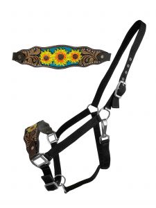 Showman Adjustable black nylon bronc halter with hand sunflower nose band