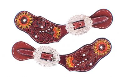Showman Ladies Hand Painted Sunflower spur straps with floral tooling