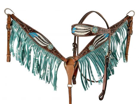 Showman Hand painted feather design browband headstall and breast collar set with crystal conchos and fringe