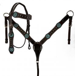 Showman  Large Pony/ Small Horse size Dark brown leather headstall and breast collar set with painted turquoise flower and turquoise stones