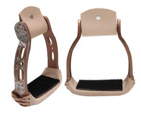 Showman Light weight copper colored aluminum stirrups with engraved and cut out design