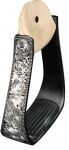 Showman Black Aluminum stirrups with Silver Engraving. Removable Rubber Grip Tread