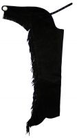 Black Suede leather chaps with fringe down each leg. Comes with engraved concho in back