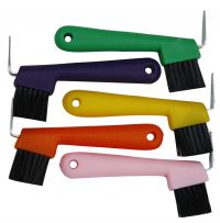 Color pack of 10 hoofpick with brush. Plastic hoof pick measures 6" long
