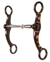 Showman brown steel snaffle bit with engraved copper studs and silver accents on the cheeks. Stainless steel 5.5" broken mouth and 6" cheeks