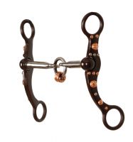 Showman brown steel bit with engraved copper studs and silver accents on the cheeks. Bit is broken with two copper rings. Stainless steel 5" broken mouth and 6" cheeks