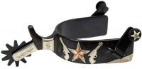 Showman men's size black steel silver show spur with copper star and pistol design
