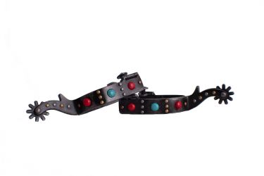 Showman Antique gray steel spur with red and teal marble studs