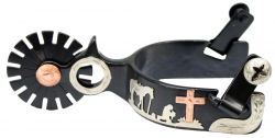 Showman men's size black steel silver show spur with copper cross and praying cowboy design