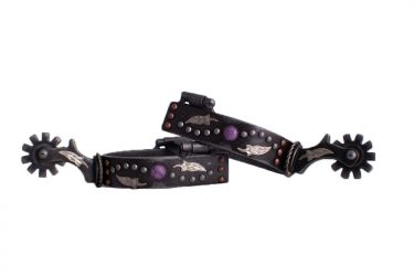 Showman Antique gray steel spur with purple marble studs and silver and copper studs
