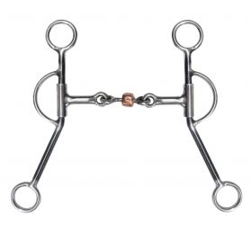 Showman stainless steel training snaffle bit. 5" mouth with a copper dog bone roller and 7" antiqued cheek