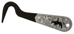 Showman Western pleasure brown steel silver engraved hoof pick. Measures 6" long