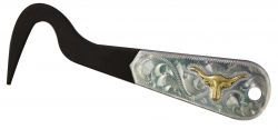 Showman Longhorn brown steel silver engraved hoof pick. Measures 6" long