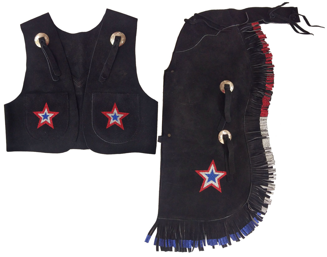 Showman Black kid's size suede leather chap and vest outfit with fringe and glitter stars