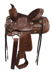 10" Double T Youth saddle with floral tooling and silver studs