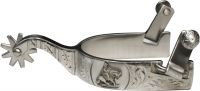 Showman stainless steel spur with 1" band and 2.5" shank. Details are embossed reining horse with scrolling design