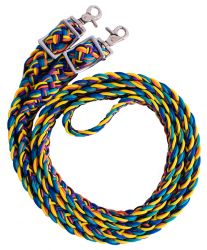 Showman Rainbow braided nylon barrel reins with scissor snap ends