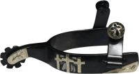 Showman black steel spur with 0.75" band and 1.75" shank. Details are silver engraved "crosses" and silver accents
