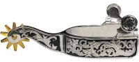 Showman stainless steel spur with 1" band and 3" shank. Details are engraved scrolling on black inlay