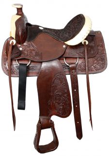 16" Semi acorn tooled Buffalo roper style saddle with rawhide silver laced cantle
