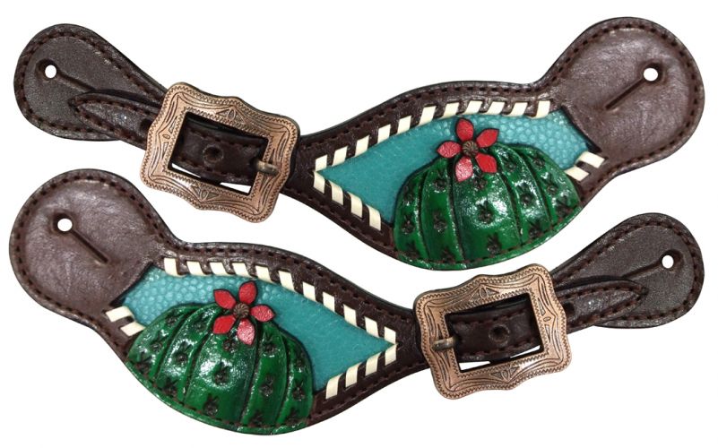 Showman Ladies leather spur straps with painted cactus and flower