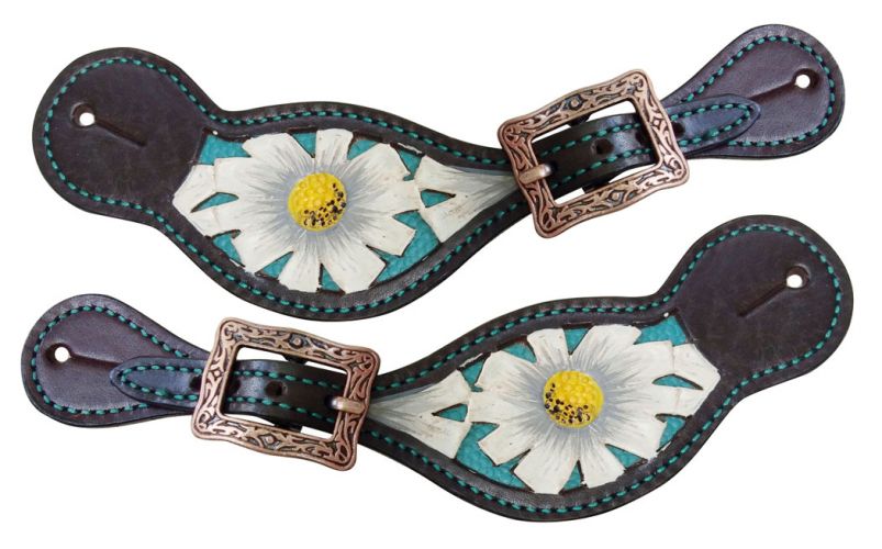 Showman Ladies leather spur straps with white painted poppy flower design over teal inlay