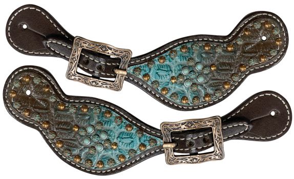 Showman Ladies size Chocolate brown / Teal tooled spur straps accented with brass buckles