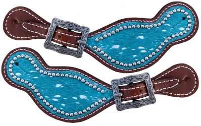 Showman Ladies teal Hair on Cowhide spur straps with acid wash spots
