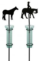 Rain gauges. Constructed of metal, featuring 2 different designs. Shipped in lots of 12, 6 each design