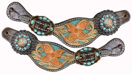 Showman Ladies Size Floral tooled with teal inlay spur straps