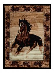 Large running horse rug. This rug features a running horse center and is accented with a running horse border. Measures 5' x 6'5"