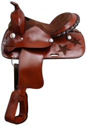 12" Pony saddle with silver laced cantle. Saddle features cut out star on skirt with silver conchos