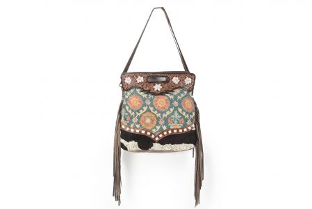 Klassy Cowgirl 17" x 17" Handtooled Leather Crossbody Bag With Handblocked Rug and Leather Fringes