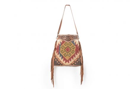 Klassy Cowgirl 16" x 15" Handtooled Leather Crossbody Bag With Handblocked Rug and Leather Fringes