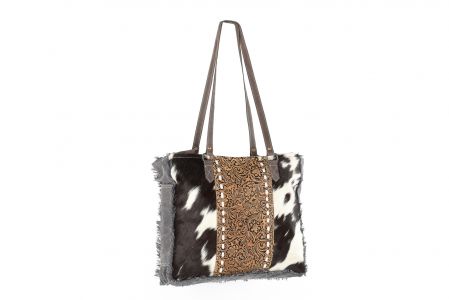 Klassy Cowgirl 16.5" x 14" Canvas Tote Handbag with Hair on cowhide and leather tooling