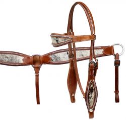 Showman double stitched leather wide browband headstall and breast collar set with hair on cowhide print