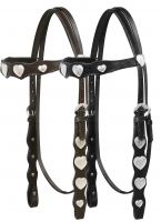 Leather headstall with engraved silver heart conchos on browband and cheeks