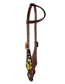 Showman Leather one ear headstall with hair on cheetah print and painted sunflower