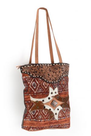 Klassy Cowgirl 16" x 16" Handblock Rug Tote Handbag With Leather and Hair on Patch