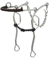 Showman stainless steel leather wrapped nose gag hackamore with 10.5" cheeks. Blued steel twisted 5.25" broken mouth piece
